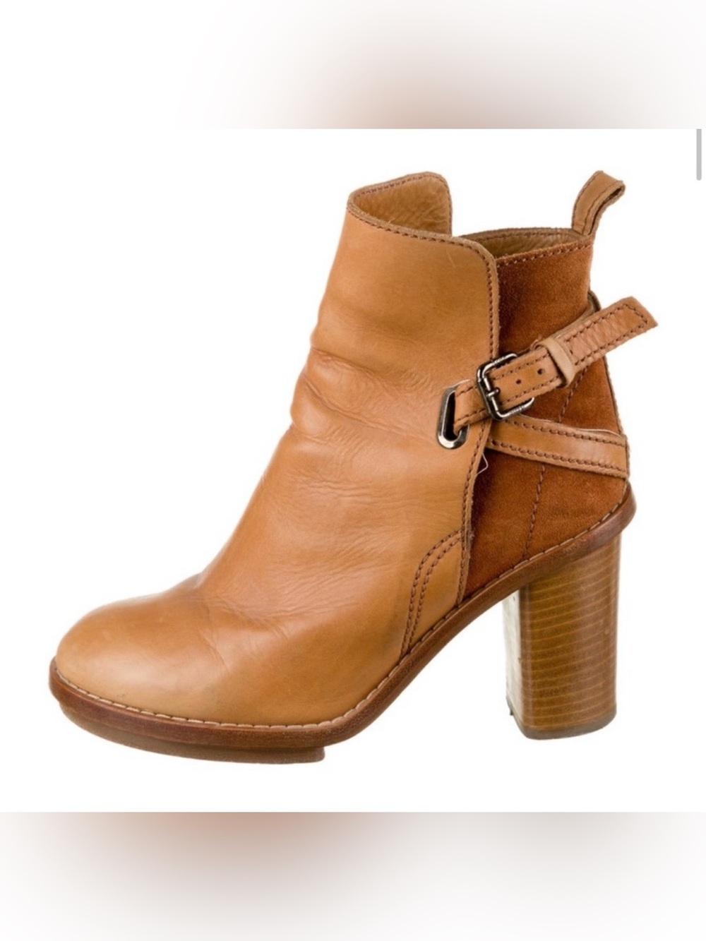 Acne Studios Camel Leather Suede Ankle Boots Buckle Block Heel EU 37 Boho Chic